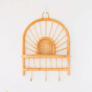 Rattan Wall Shelf – Small Boho Wall Shelf – Hanging Rattan Shelf – Coat or Key Hook – Handmade Shelf Made of Rattan (41x53 cm) BANTEN