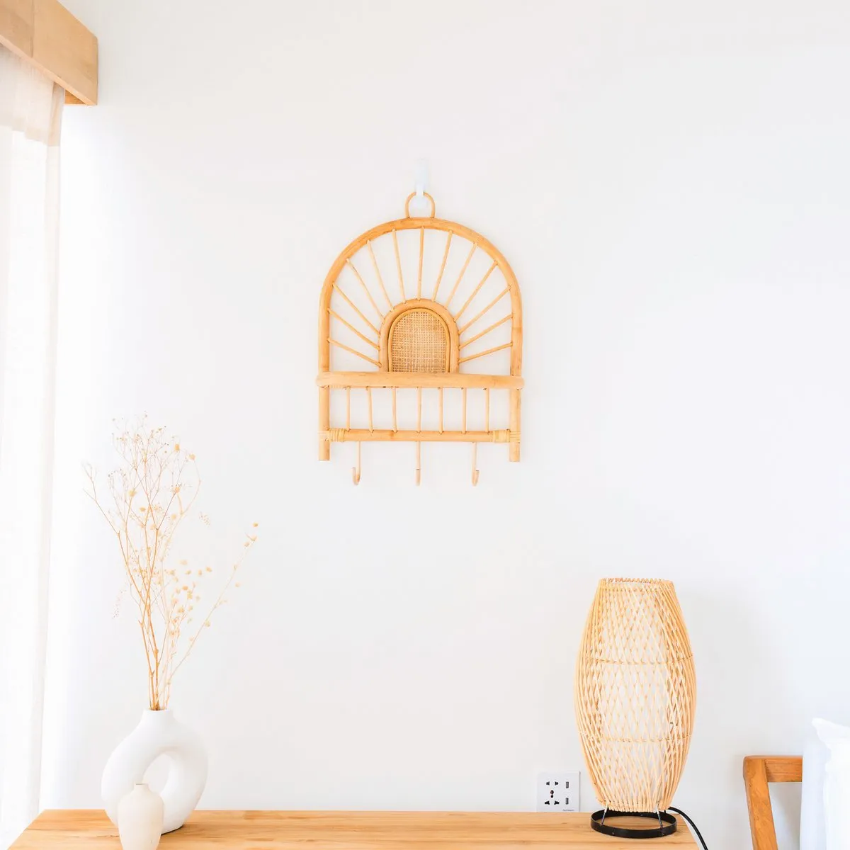 Rattan Wall Shelf – Small Boho Wall Shelf – Hanging Rattan Shelf – Coat or Key Hook – Handmade Shelf Made of Rattan (41x53 cm) BANTEN