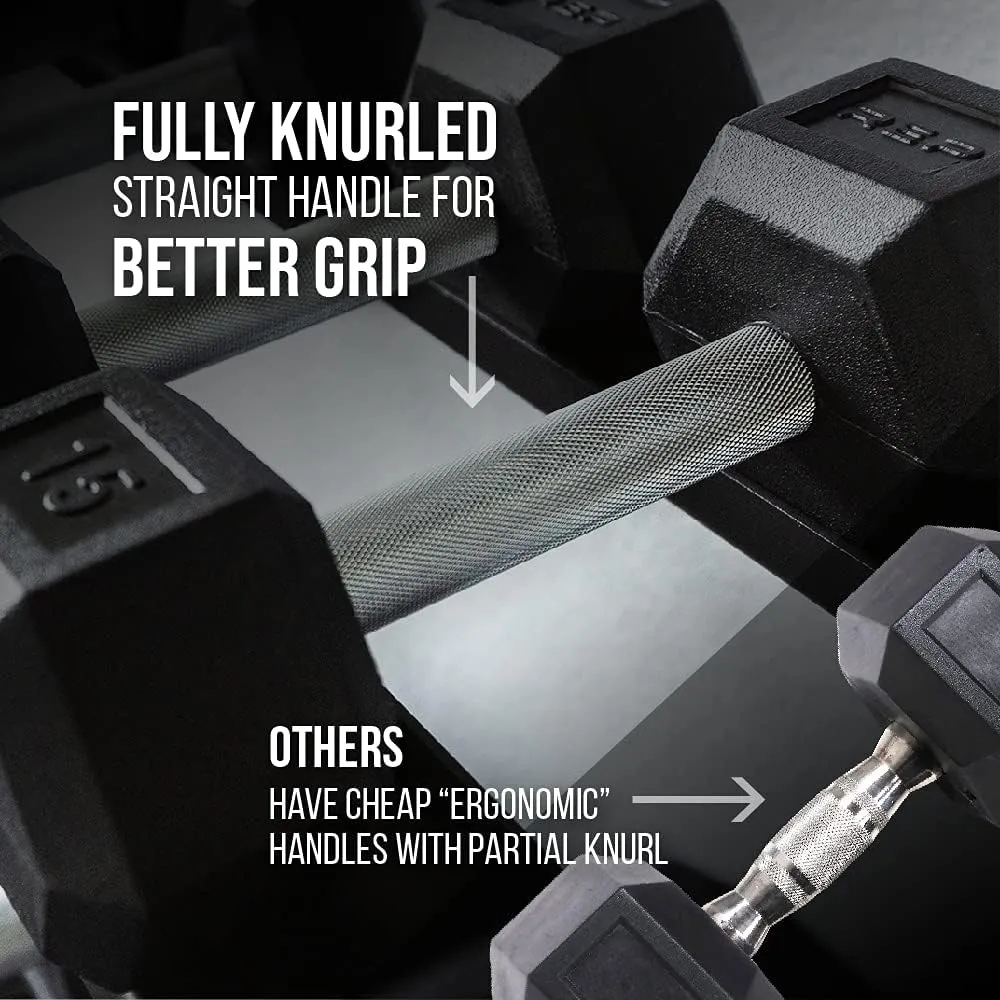 Rep Rubber Hex Dumbbell Sets with Racks. 5-50, 5-75, or 5-100 LB Sets available with Black, Blue or Red Racks to Match your Home Gym. For Strength Training, Conditioning, and Full-Body Workouts.