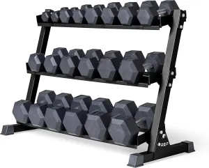 Rep Rubber Hex Dumbbell Sets with Racks. 5-50, 5-75, or 5-100 LB Sets available with Black, Blue or Red Racks to Match your Home Gym. For Strength Training, Conditioning, and Full-Body Workouts.
