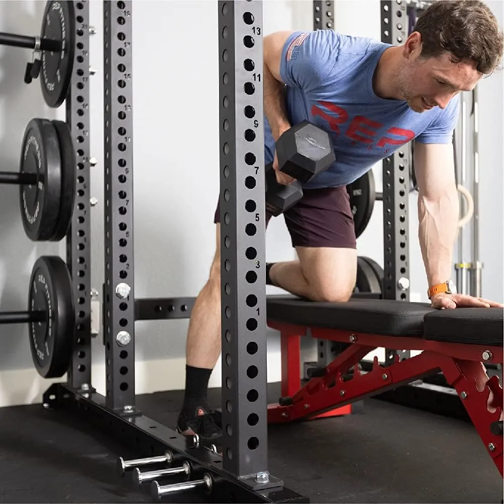 Rep Rubber Hex Dumbbell Sets with Racks. 5-50, 5-75, or 5-100 LB Sets available with Black, Blue or Red Racks to Match your Home Gym. For Strength Training, Conditioning, and Full-Body Workouts.
