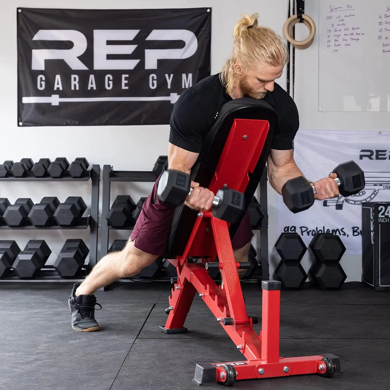 Rep Rubber Hex Dumbbell Sets with Racks. 5-50, 5-75, or 5-100 LB Sets available with Black, Blue or Red Racks to Match your Home Gym. For Strength Training, Conditioning, and Full-Body Workouts.