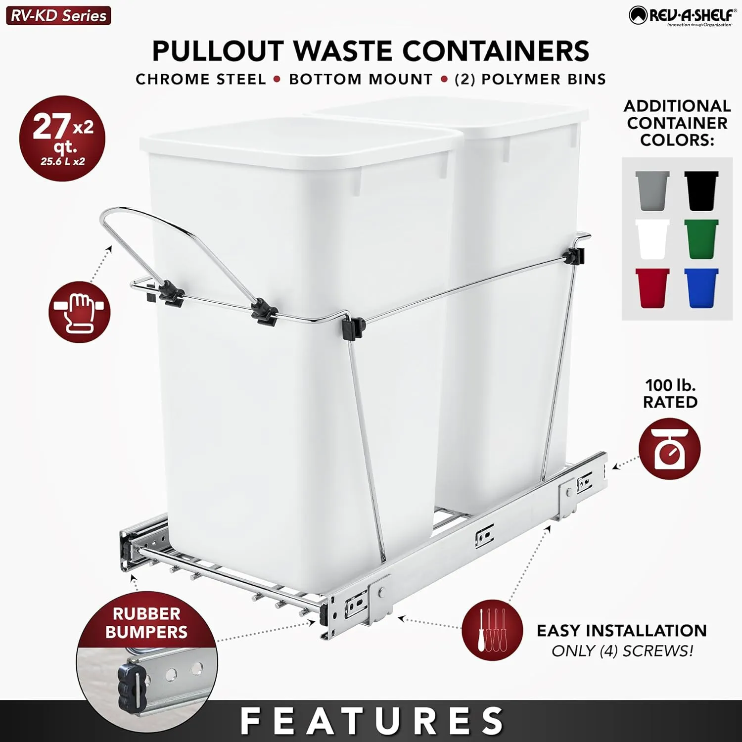Rev-A-Shelf Pullout Trash Can for Kitchen Cabinets 27 Qt Garbage Waste Recycling Bin w/Full Extension Slide, Metallic Silver, RV-15KD-17C S