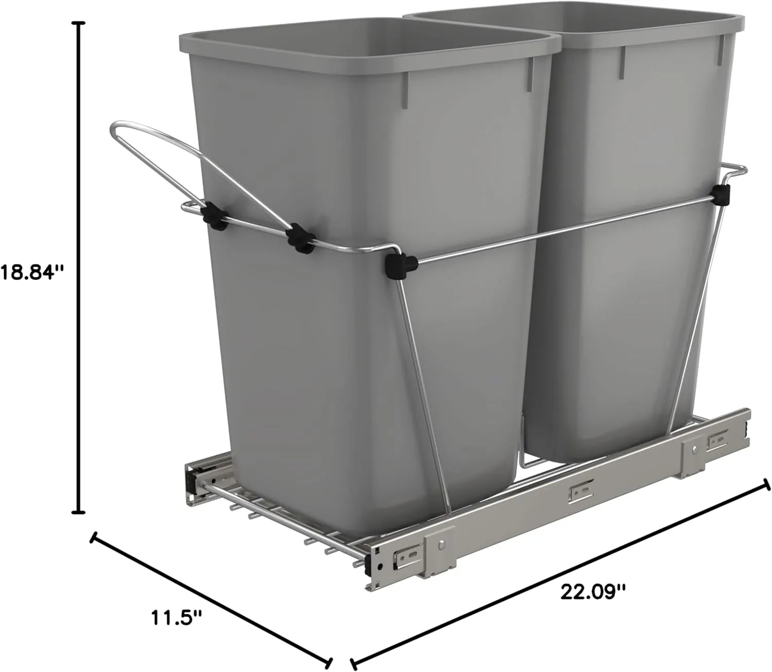 Rev-A-Shelf Pullout Trash Can for Kitchen Cabinets 27 Qt Garbage Waste Recycling Bin w/Full Extension Slide, Metallic Silver, RV-15KD-17C S