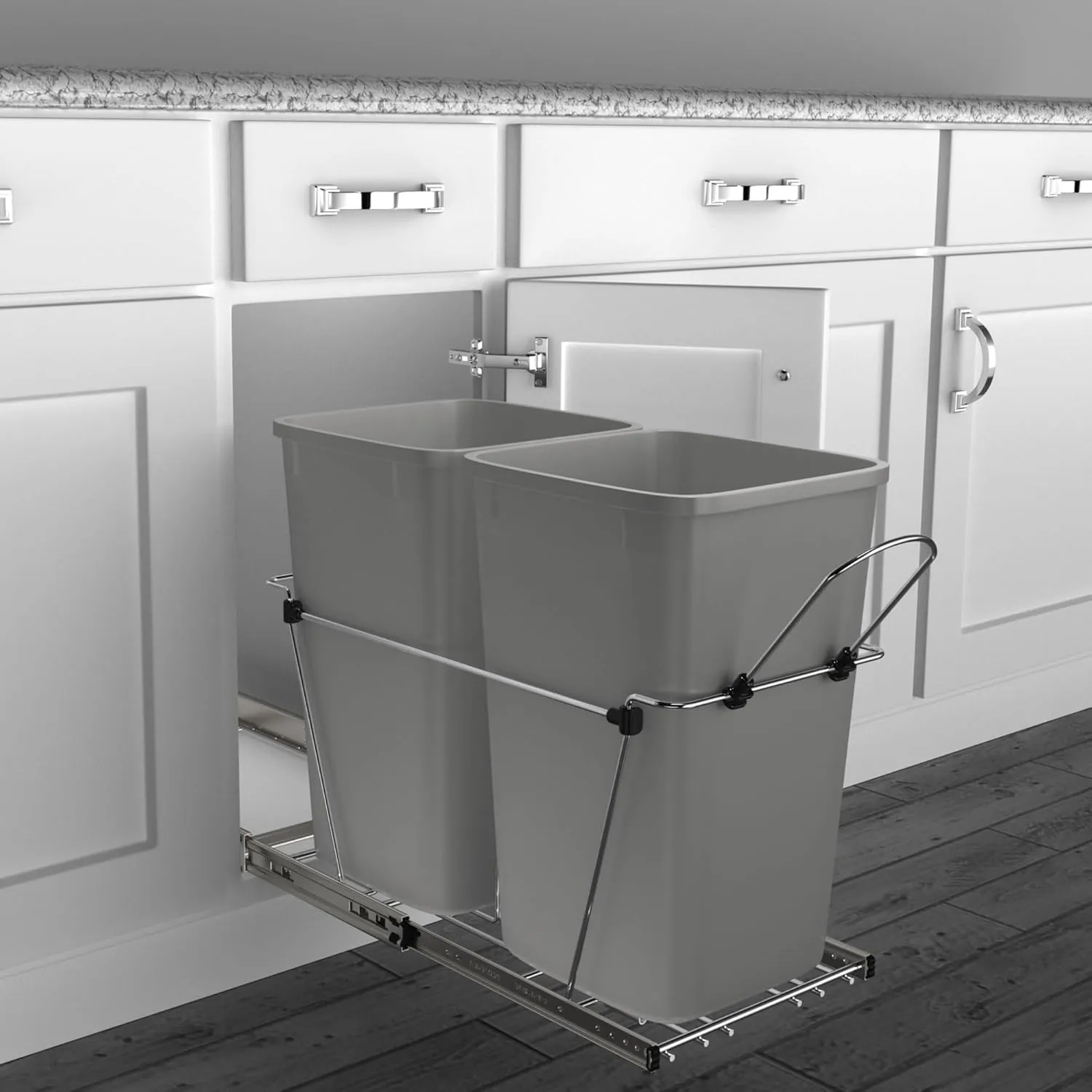 Rev-A-Shelf Pullout Trash Can for Kitchen Cabinets 27 Qt Garbage Waste Recycling Bin w/Full Extension Slide, Metallic Silver, RV-15KD-17C S