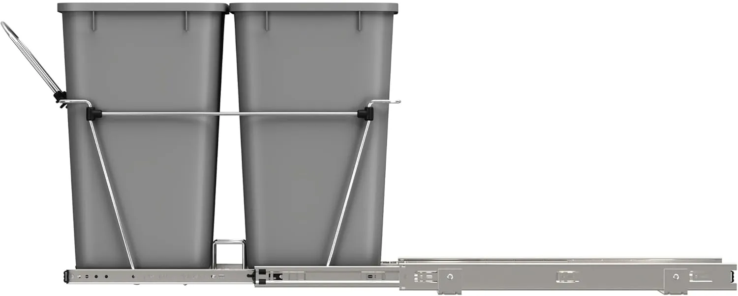 Rev-A-Shelf Pullout Trash Can for Kitchen Cabinets 27 Qt Garbage Waste Recycling Bin w/Full Extension Slide, Metallic Silver, RV-15KD-17C S