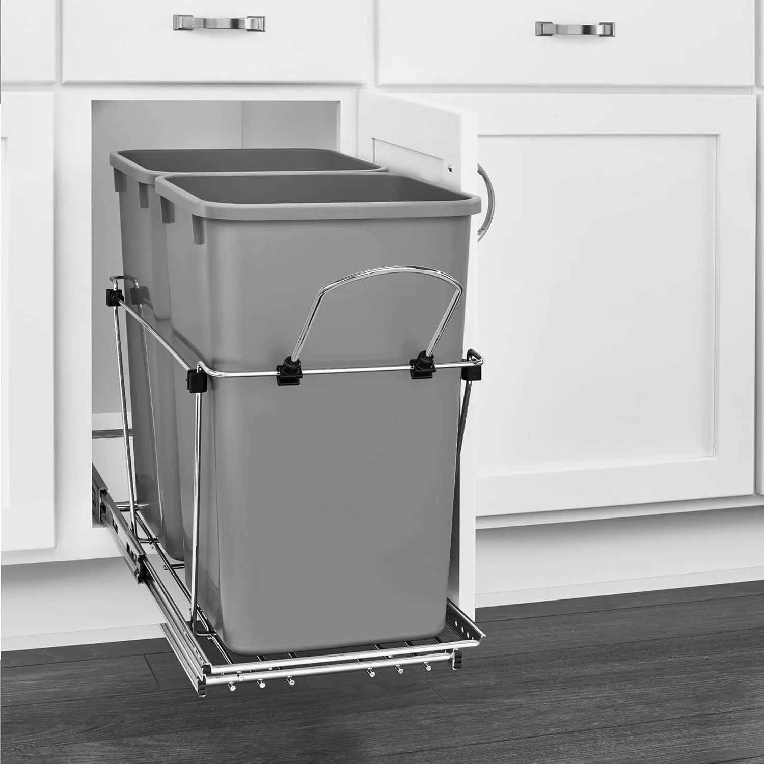Rev-A-Shelf Pullout Trash Can for Kitchen Cabinets 27 Qt Garbage Waste Recycling Bin w/Full Extension Slide, Metallic Silver, RV-15KD-17C S