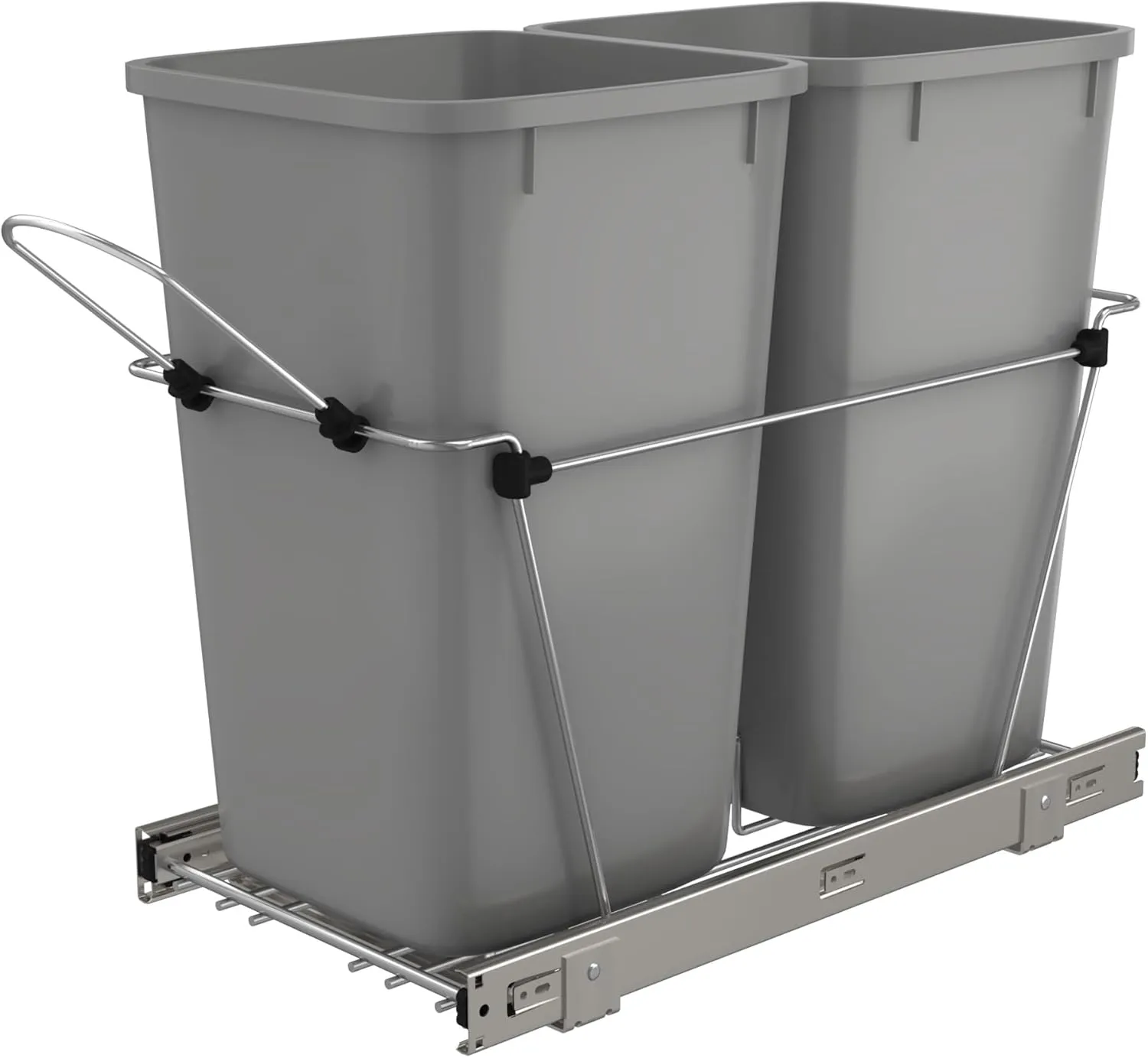 Rev-A-Shelf Pullout Trash Can for Kitchen Cabinets 27 Qt Garbage Waste Recycling Bin w/Full Extension Slide, Metallic Silver, RV-15KD-17C S