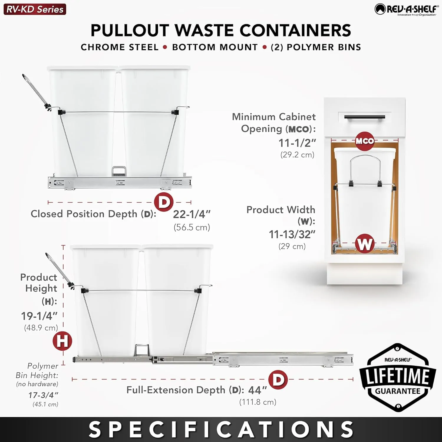 Rev-A-Shelf Pullout Trash Can for Kitchen Cabinets 27 Qt Garbage Waste Recycling Bin w/Full Extension Slide, Metallic Silver, RV-15KD-17C S