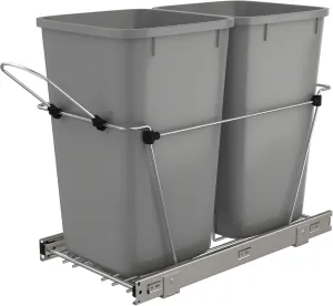 Rev-A-Shelf Pullout Trash Can for Kitchen Cabinets 27 Qt Garbage Waste Recycling Bin w/Full Extension Slide, Metallic Silver, RV-15KD-17C S