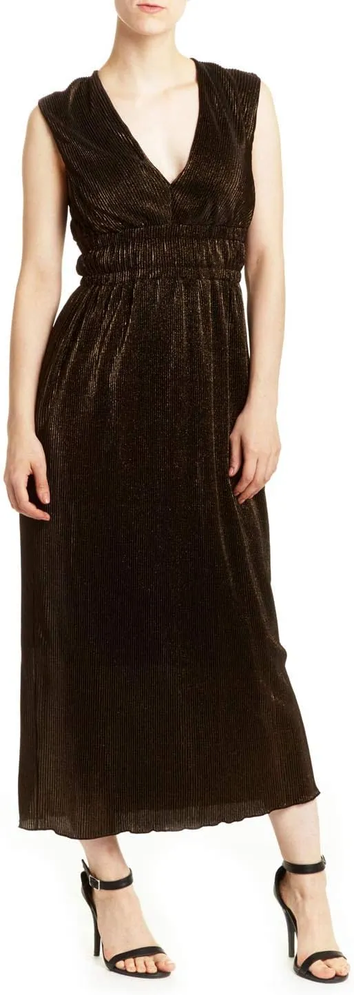 Romeo and Juliet Couture New Womens Pleated Metallic Maxi Dress Gold Size M $175