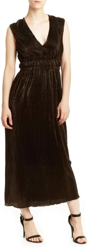 Romeo and Juliet Couture New Womens Pleated Metallic Maxi Dress Gold Size M $175