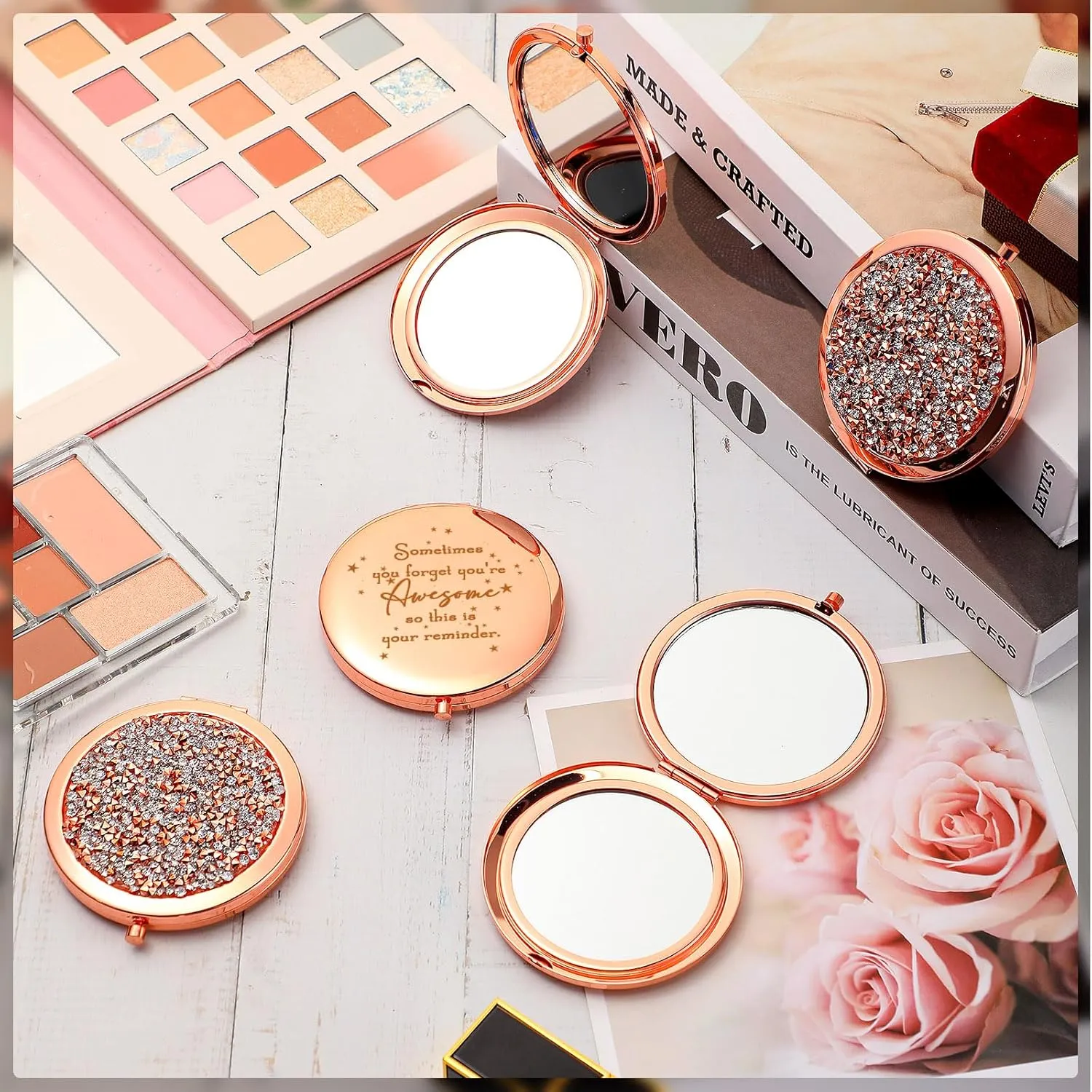 Roowest 30 Pcs Inspirational Compact Mirror Sometimes You Forget You're Awesome Appreciation Gifts for Women Employee Coworker Friends Birthday Party Favors Magnifying Pocket Mirror (Rose Gold)