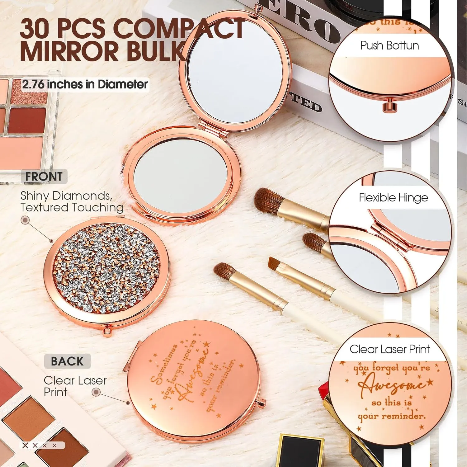 Roowest 30 Pcs Inspirational Compact Mirror Sometimes You Forget You're Awesome Appreciation Gifts for Women Employee Coworker Friends Birthday Party Favors Magnifying Pocket Mirror (Rose Gold)