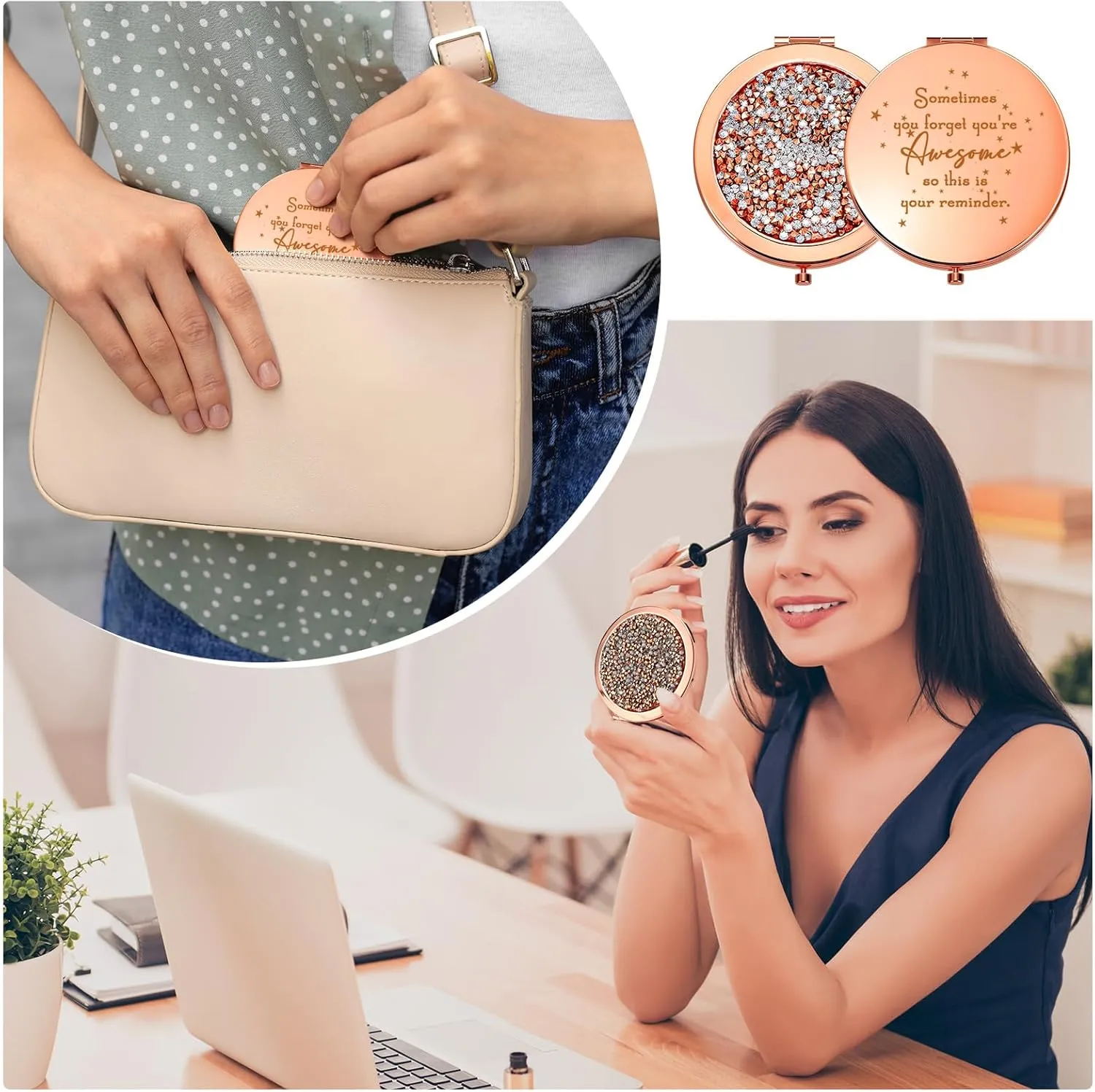 Roowest 30 Pcs Inspirational Compact Mirror Sometimes You Forget You're Awesome Appreciation Gifts for Women Employee Coworker Friends Birthday Party Favors Magnifying Pocket Mirror (Rose Gold)