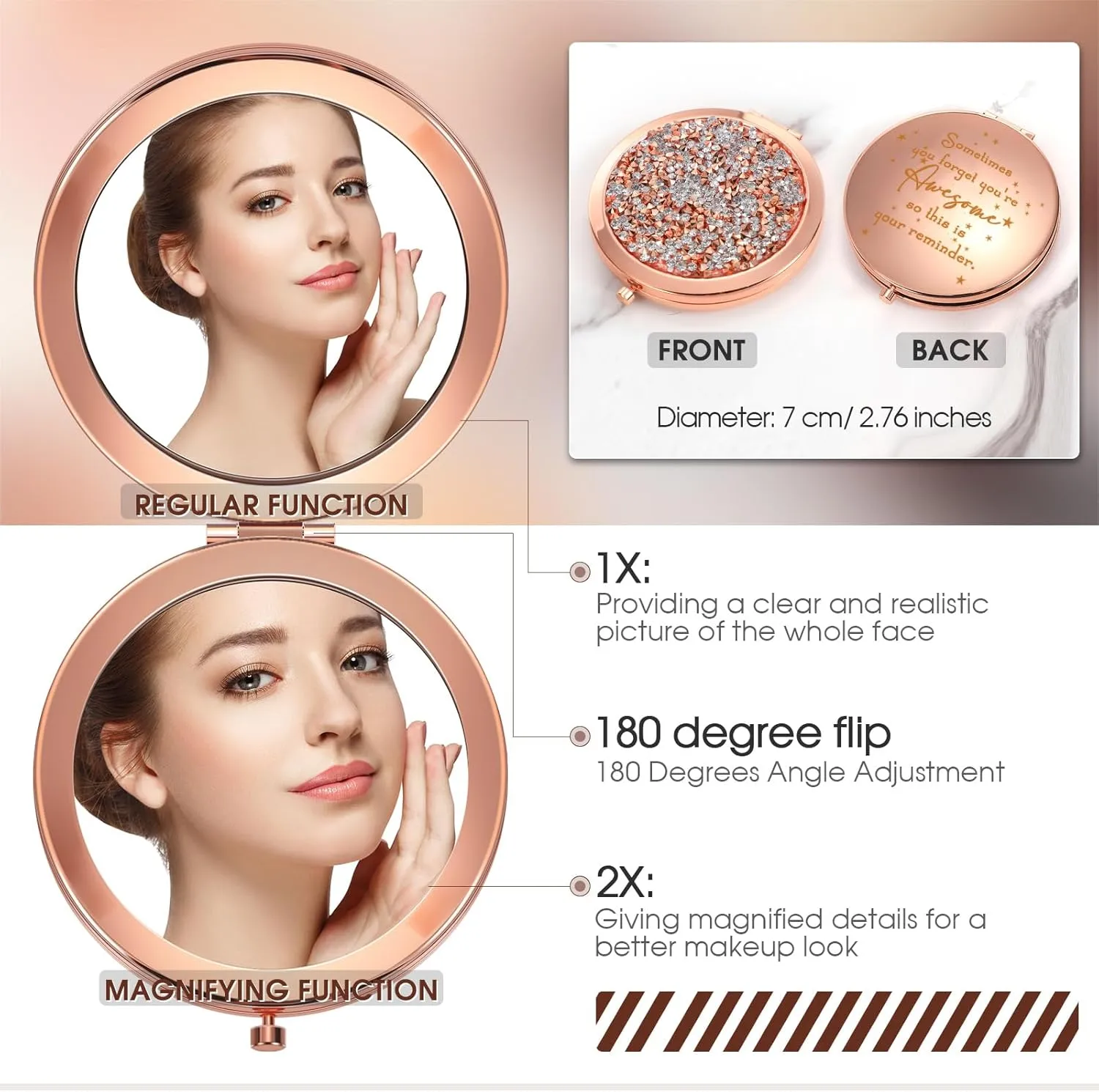 Roowest 30 Pcs Inspirational Compact Mirror Sometimes You Forget You're Awesome Appreciation Gifts for Women Employee Coworker Friends Birthday Party Favors Magnifying Pocket Mirror (Rose Gold)