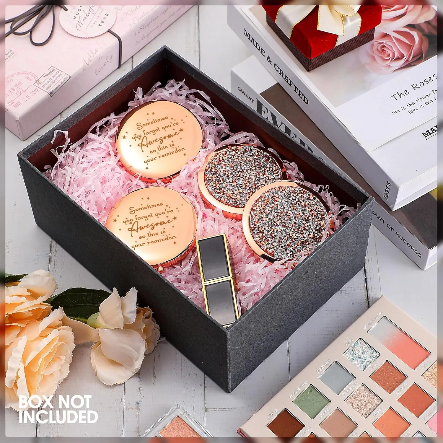 Roowest 30 Pcs Inspirational Compact Mirror Sometimes You Forget You're Awesome Appreciation Gifts for Women Employee Coworker Friends Birthday Party Favors Magnifying Pocket Mirror (Rose Gold)