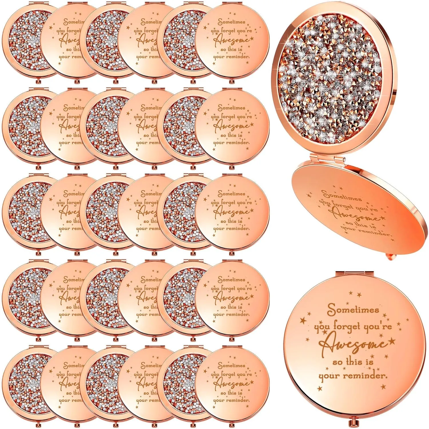 Roowest 30 Pcs Inspirational Compact Mirror Sometimes You Forget You're Awesome Appreciation Gifts for Women Employee Coworker Friends Birthday Party Favors Magnifying Pocket Mirror (Rose Gold)