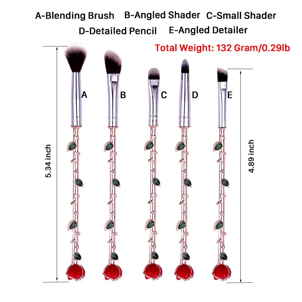 Rose Eye Makeup Brush Set - 5pcs Wand Makeup Brushes with Soft Synthetic Fiber and Metallic Handle for Eyebrow, Eyeshadow, Foundation, Blending and Lips, Great Gift for Sister Girlfriend, Rose Gold