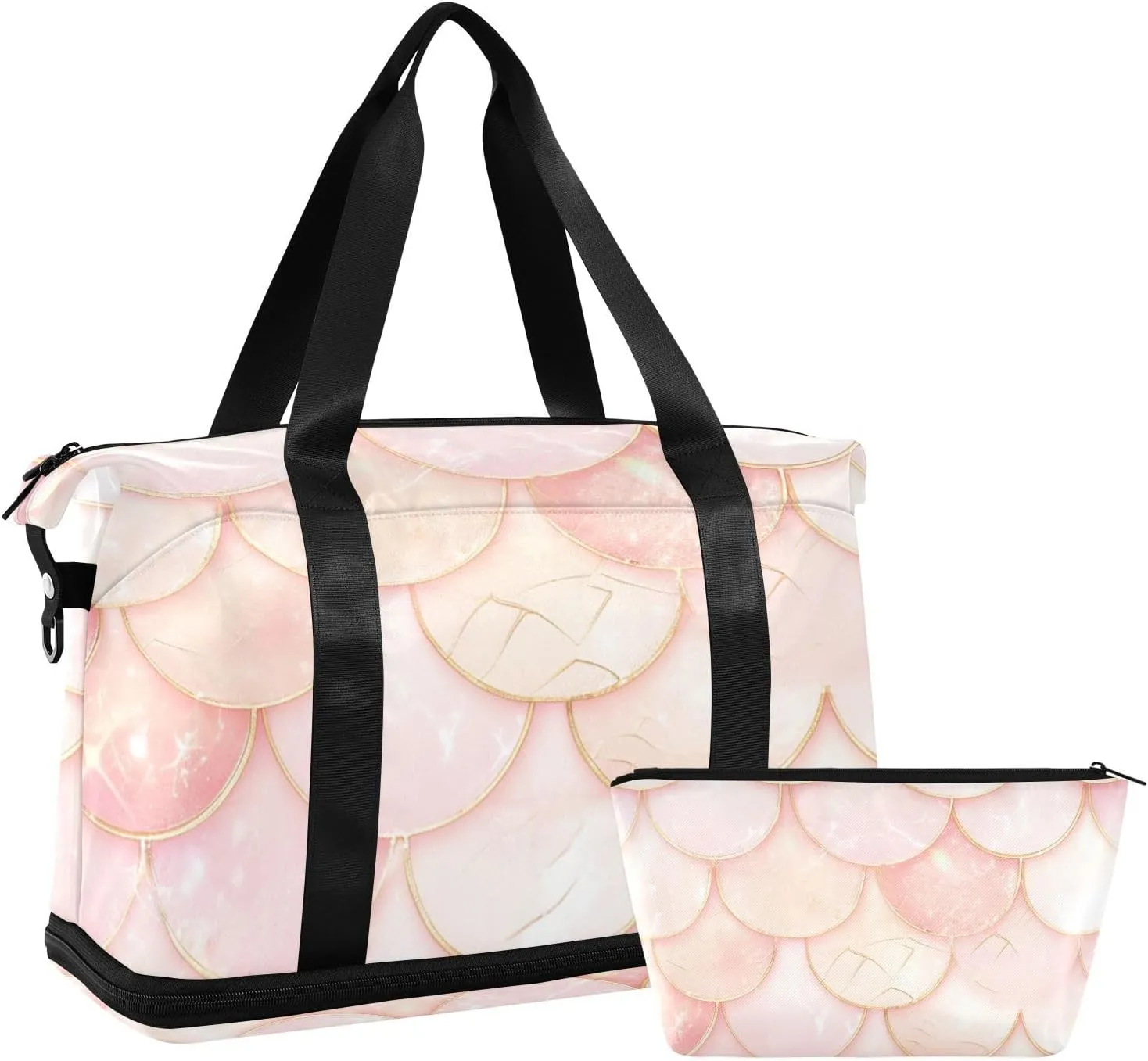 Rose Gold Fish Scale Sparkling Travel Duffel Bag Weekend Bag with Adjustable Strap for Gym Multifunctional