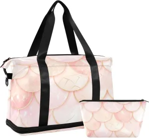 Rose Gold Fish Scale Sparkling Travel Duffel Bag Weekend Bag with Adjustable Strap for Gym Multifunctional