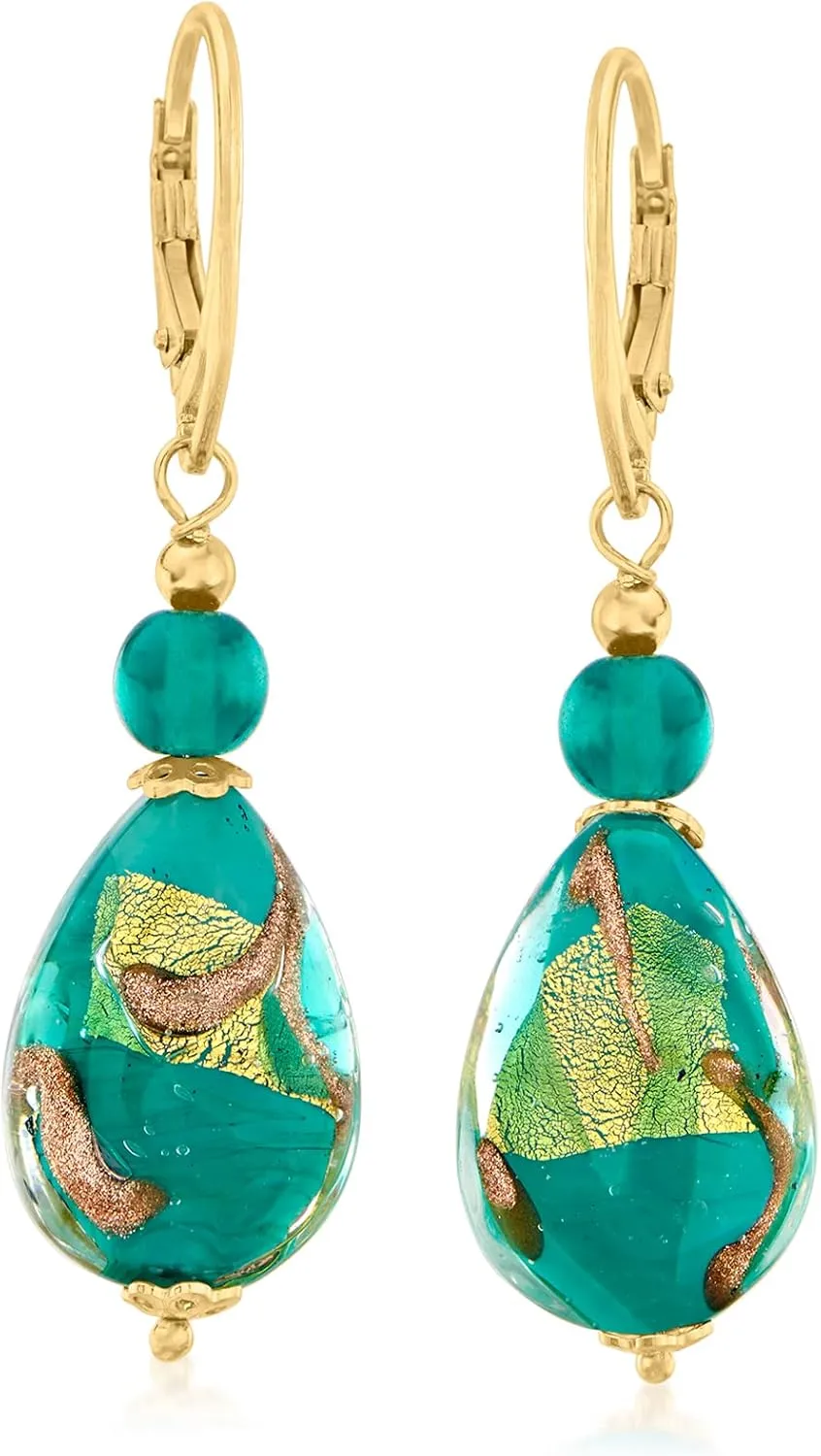 Ross-Simons Italian Green and Goldtone Murano Glass Drop Earrings in 18kt Gold Over Sterling