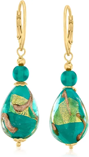 Ross-Simons Italian Green and Goldtone Murano Glass Drop Earrings in 18kt Gold Over Sterling