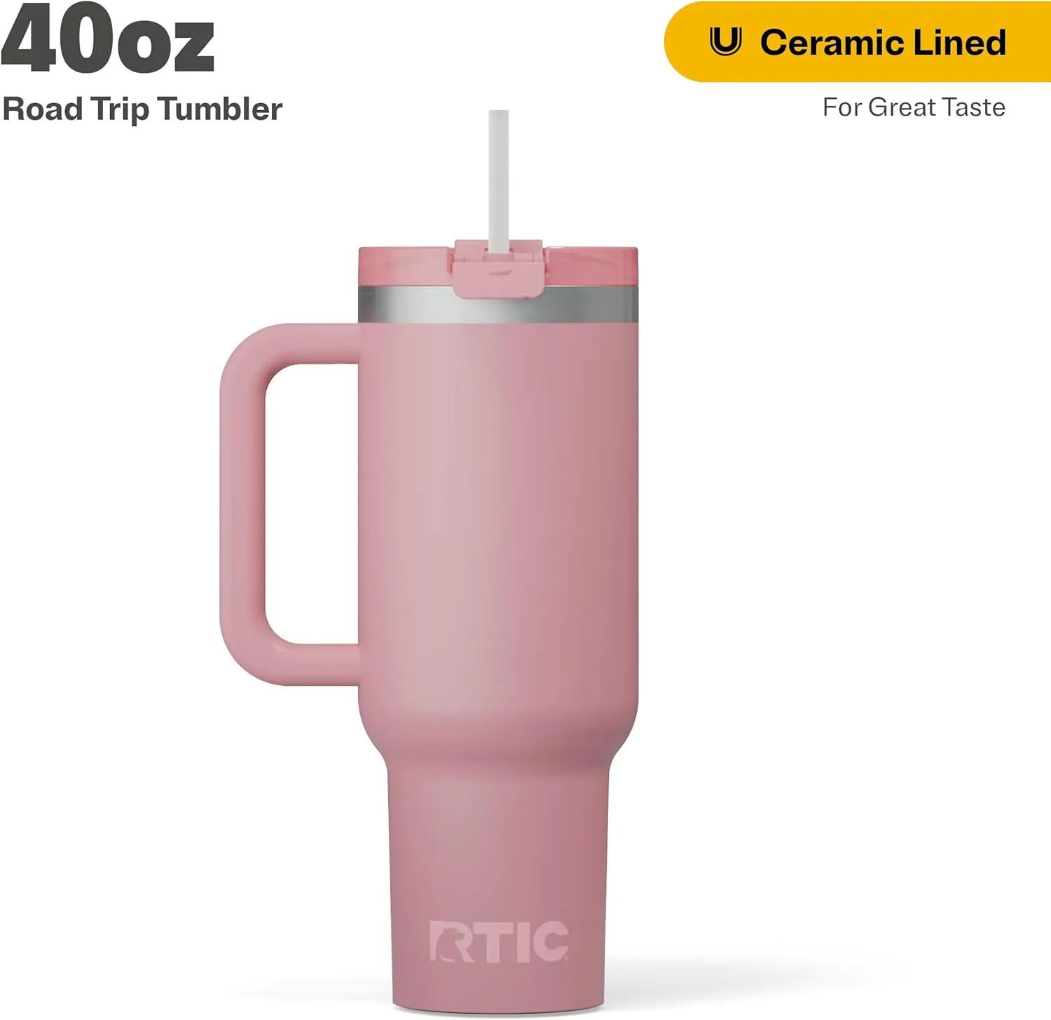 RTIC 40 oz Road Trip Tumbler Double-Walled Insulated Stainless Steel Portable Travel Coffee Mug Cup with Lid, Handle and Straw, Ceramic-Lined, Dusty Rose