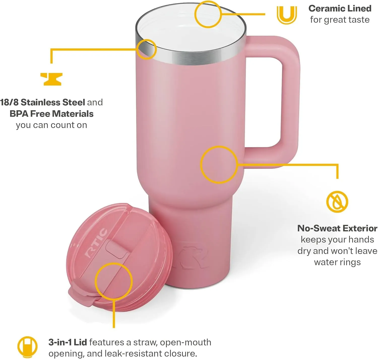 RTIC 40 oz Road Trip Tumbler Double-Walled Insulated Stainless Steel Portable Travel Coffee Mug Cup with Lid, Handle and Straw, Ceramic-Lined, Dusty Rose