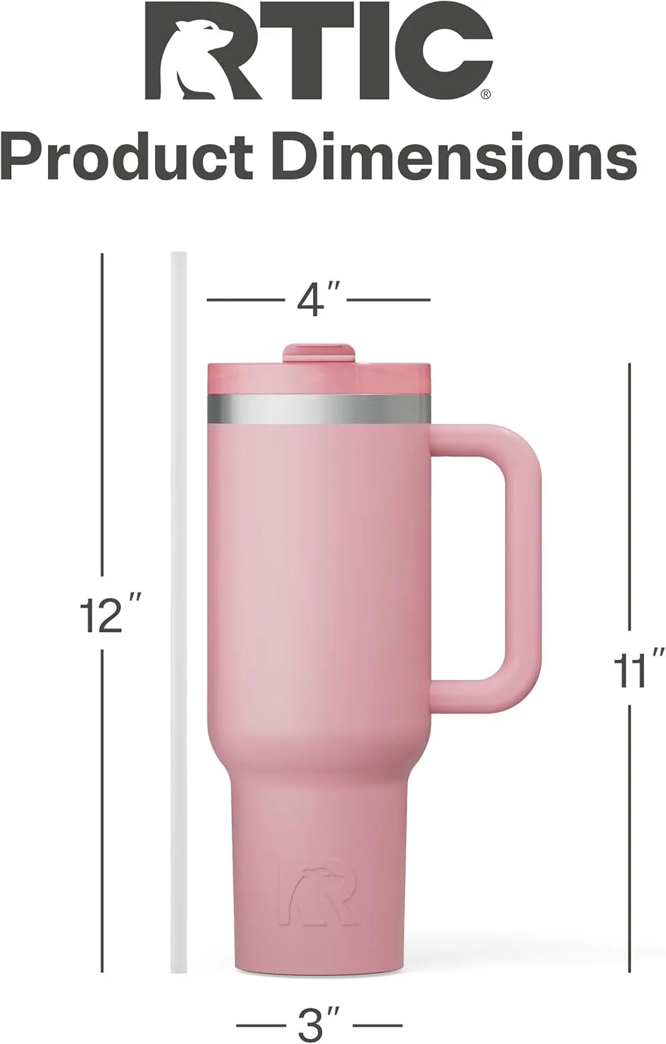 RTIC 40 oz Road Trip Tumbler Double-Walled Insulated Stainless Steel Portable Travel Coffee Mug Cup with Lid, Handle and Straw, Ceramic-Lined, Dusty Rose