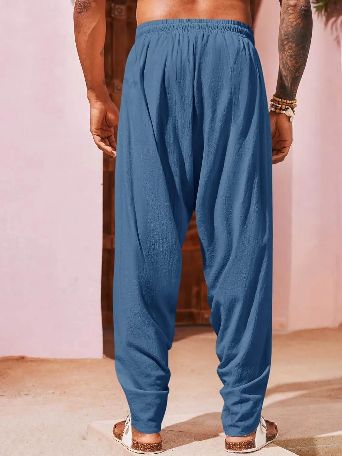 Runcati Mens Linen Harem Pants Casual Elastic Waist Pants Baggy Boho Yoga Hippie Summer Beach Kurta Dhoti Trousers