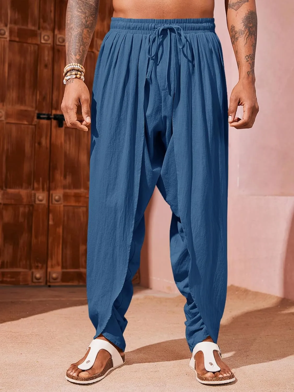 Runcati Mens Linen Harem Pants Casual Elastic Waist Pants Baggy Boho Yoga Hippie Summer Beach Kurta Dhoti Trousers