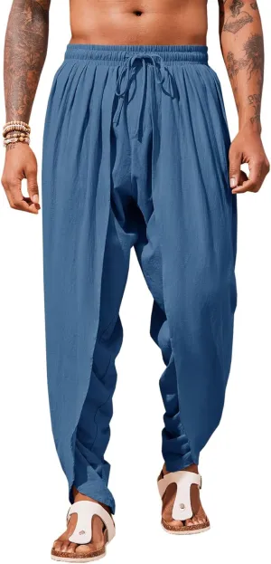 Runcati Mens Linen Harem Pants Casual Elastic Waist Pants Baggy Boho Yoga Hippie Summer Beach Kurta Dhoti Trousers