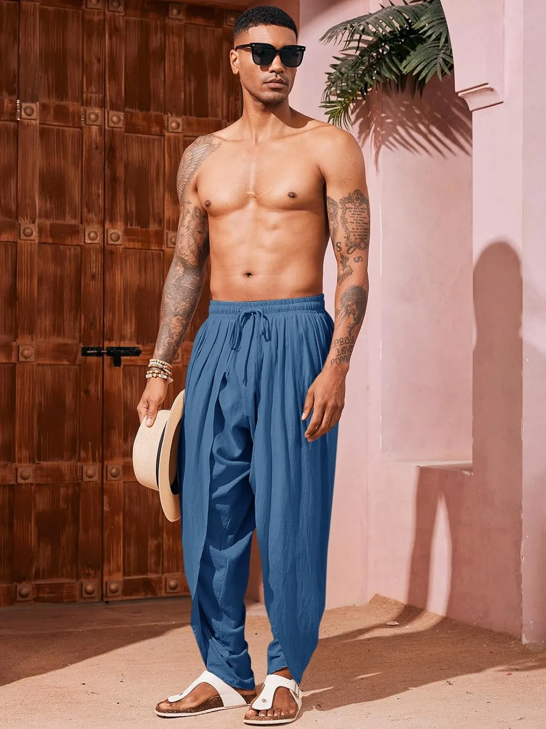 Runcati Mens Linen Harem Pants Casual Elastic Waist Pants Baggy Boho Yoga Hippie Summer Beach Kurta Dhoti Trousers