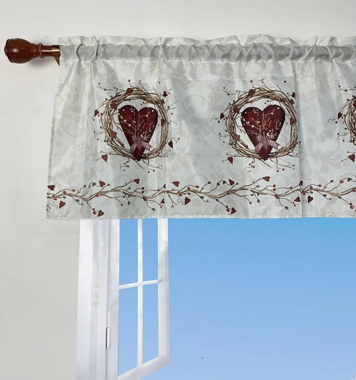 Rustic Country Hearts Window Curtain Valance Rod Pocket for Decorative 58 X 18 Inches