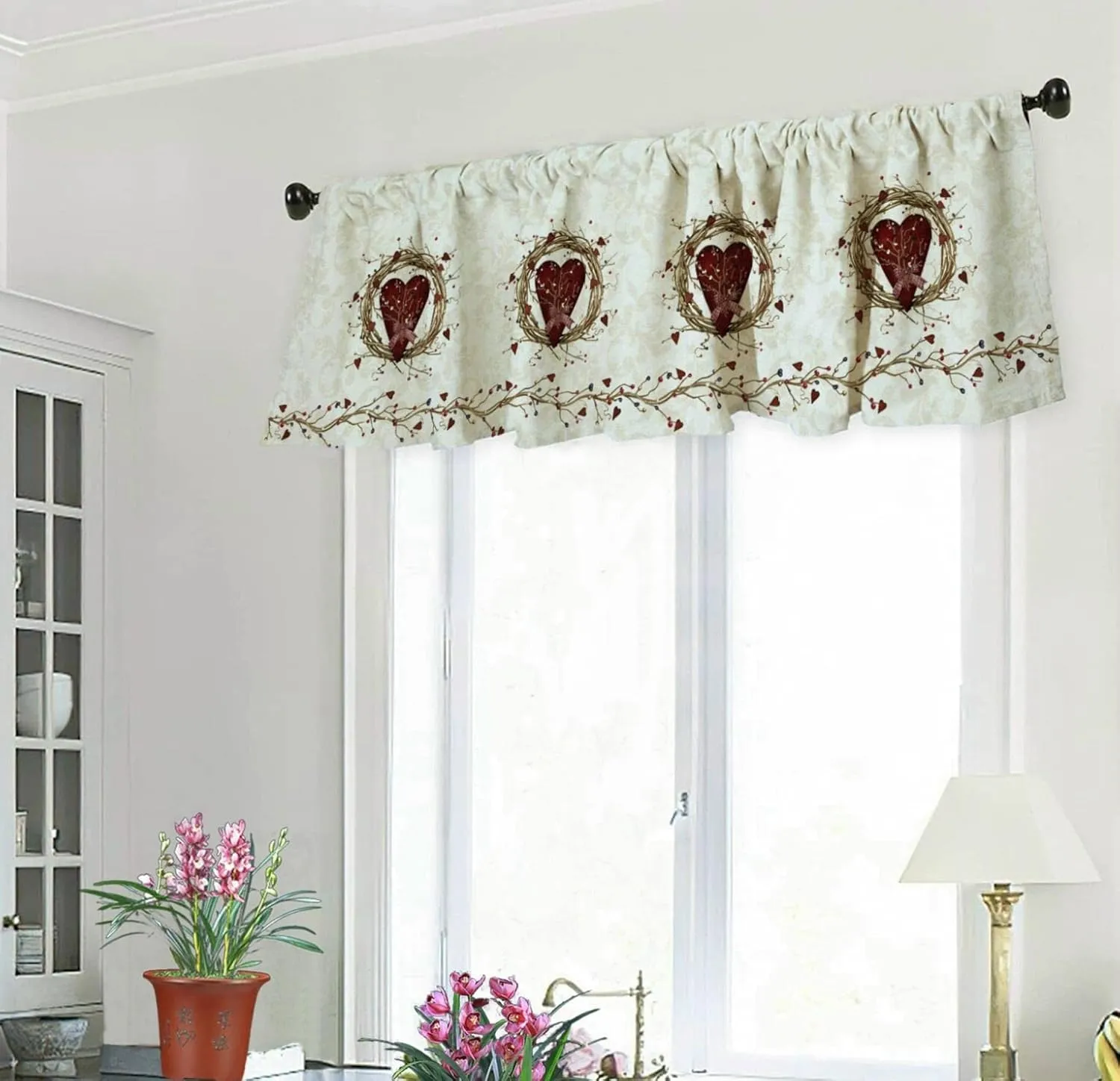 Rustic Country Hearts Window Curtain Valance Rod Pocket for Decorative 58 X 18 Inches
