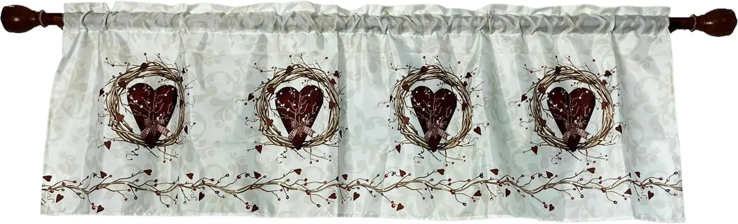 Rustic Country Hearts Window Curtain Valance Rod Pocket for Decorative 58 X 18 Inches