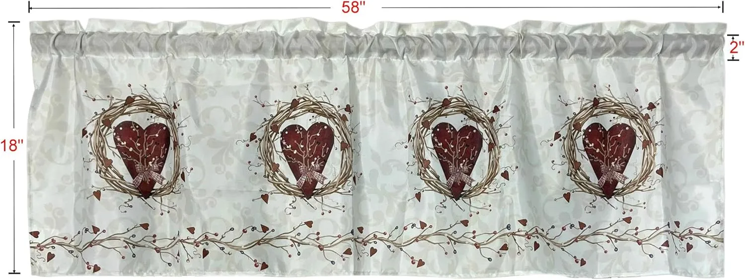 Rustic Country Hearts Window Curtain Valance Rod Pocket for Decorative 58 X 18 Inches