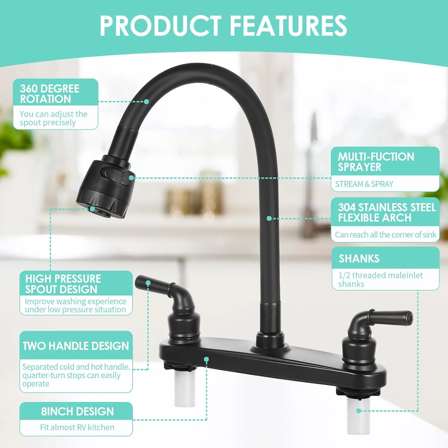 RV Kitchen Faucet Non-Metallic, Flexible Spout for Campers, Motorhomes, Travel Trailers (Black)