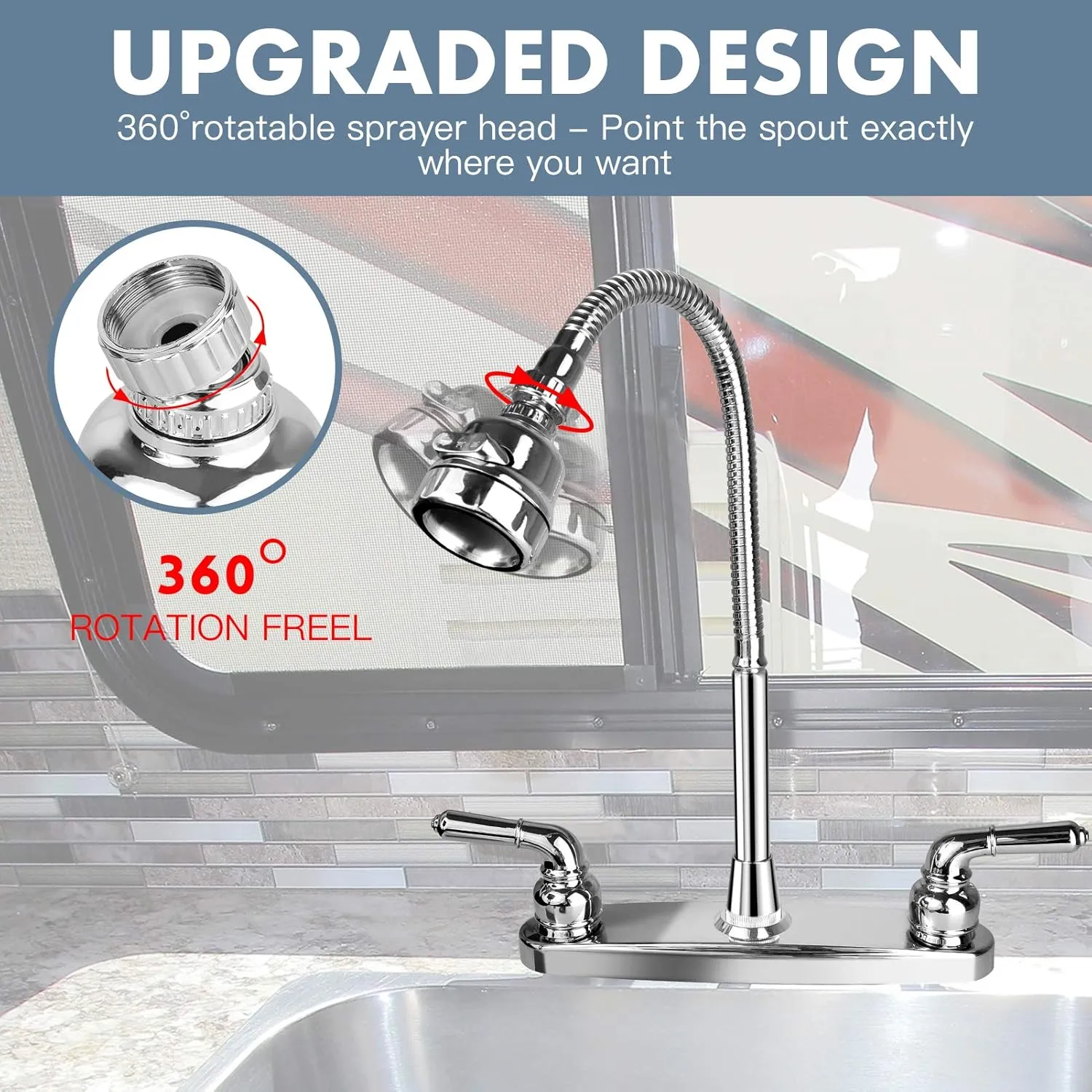 RV Kitchen Faucet,Camper RV Sink Faucets Kitchen Replacement with Flexible Arc 360 Degree Rotatable Sprayer for Campers,Motorhomes,Travel Trailers,8 inch 2 Hole,Non-Metallic,Chrome