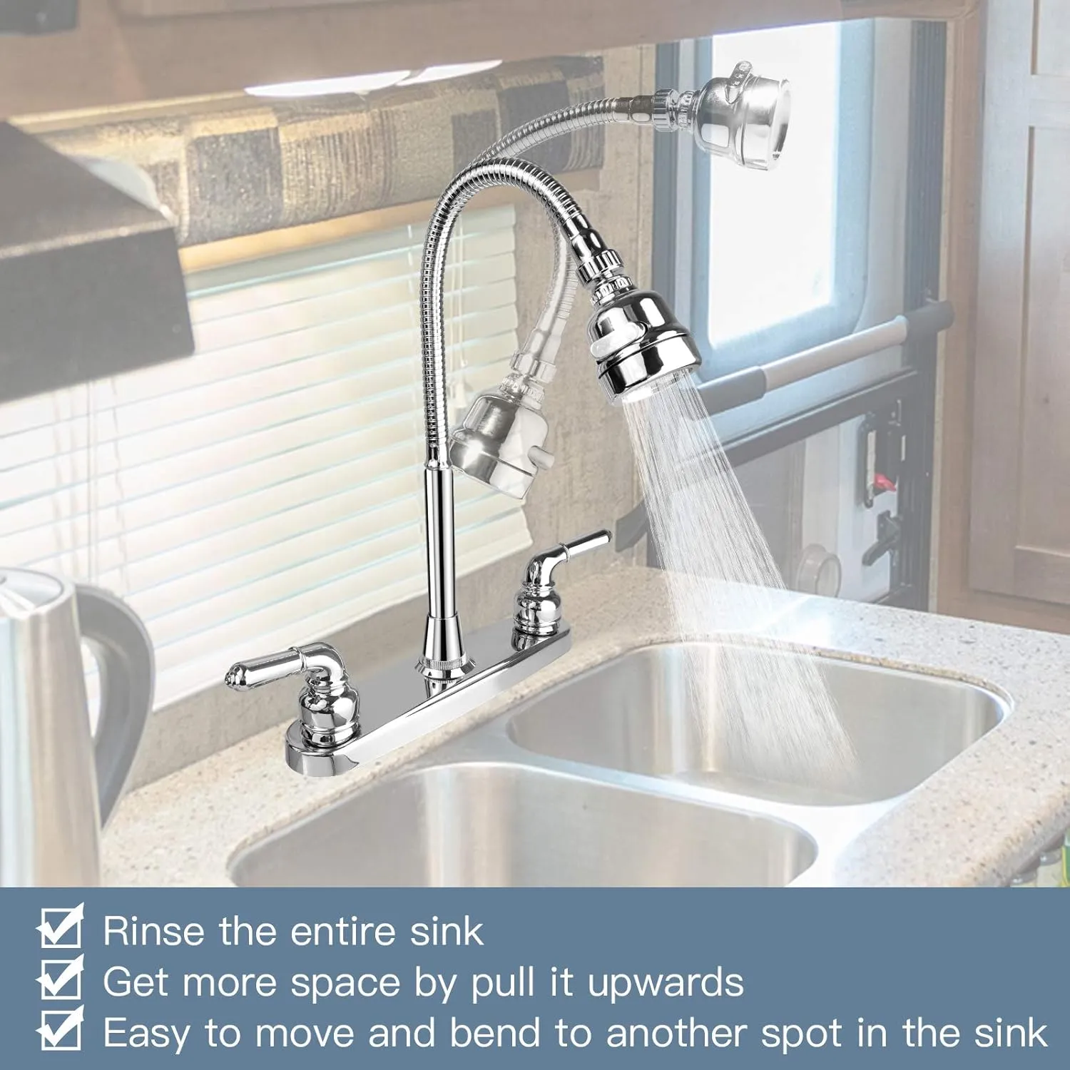 RV Kitchen Faucet,Camper RV Sink Faucets Kitchen Replacement with Flexible Arc 360 Degree Rotatable Sprayer for Campers,Motorhomes,Travel Trailers,8 inch 2 Hole,Non-Metallic,Chrome