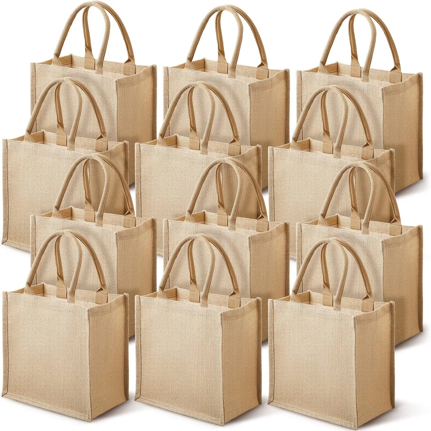 Saintrygo 12 Pcs Burlap Jute Tote Bags with Handle Reusable Blank Bridesmaid Gift Bags for Shopping Wedding DIY, 12x12x7.7In(Jute)