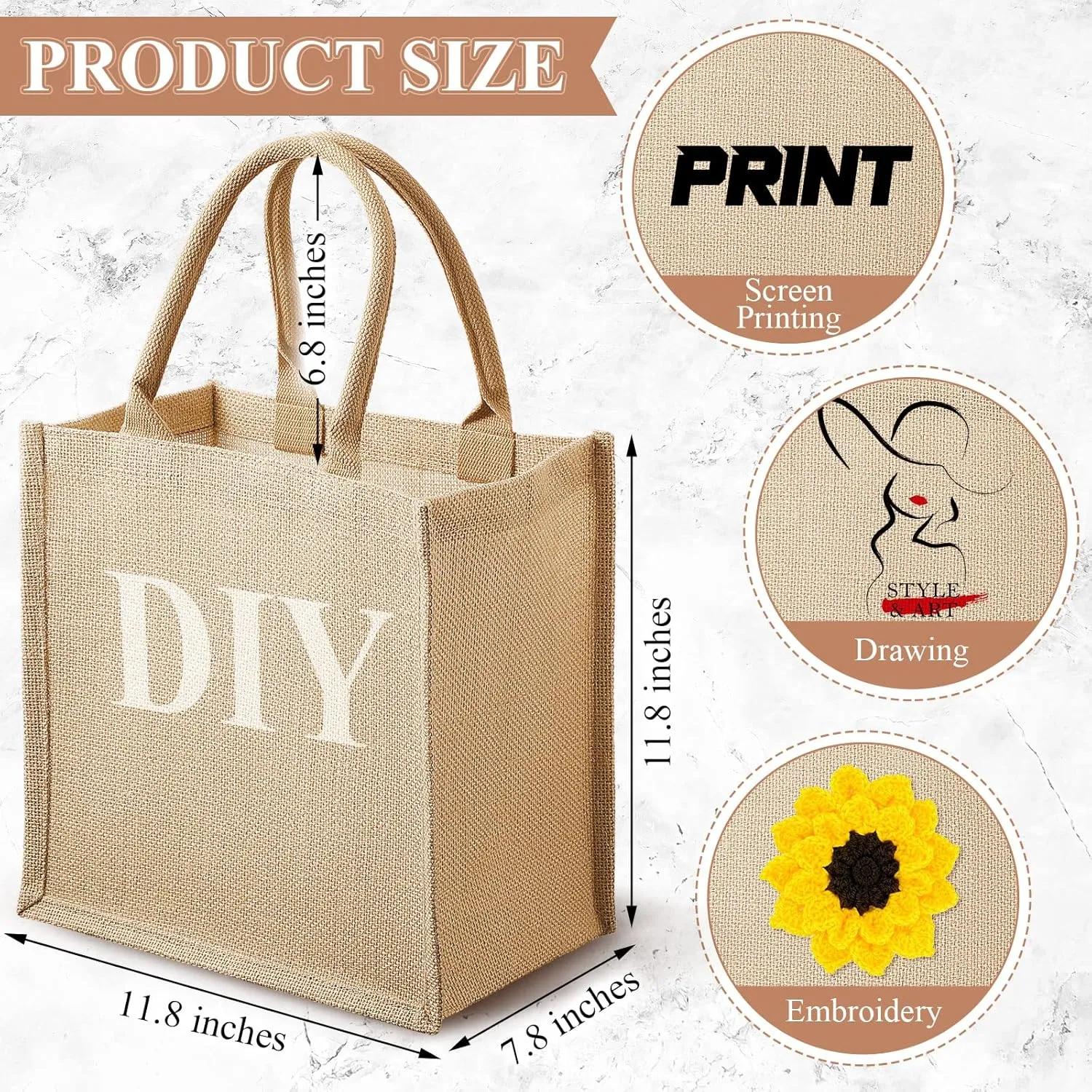 Saintrygo 12 Pcs Burlap Jute Tote Bags with Handle Reusable Blank Bridesmaid Gift Bags for Shopping Wedding DIY, 12x12x7.7In(Jute)