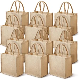 Saintrygo 12 Pcs Burlap Jute Tote Bags with Handle Reusable Blank Bridesmaid Gift Bags for Shopping Wedding DIY, 12x12x7.7In(Jute)