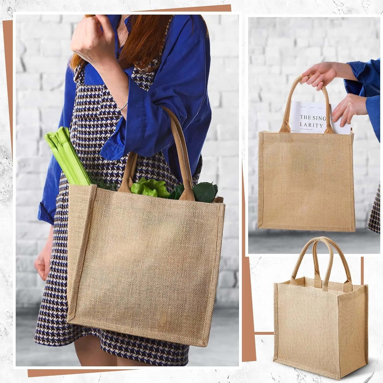 Saintrygo 12 Pcs Burlap Jute Tote Bags with Handle Reusable Blank Bridesmaid Gift Bags for Shopping Wedding DIY, 12x12x7.7In(Jute)