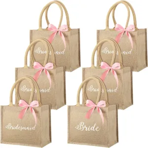 Saintrygo 6 Pack Bridesmaid Tote Bags Bridesmaid Gift Jute Burlap Tote Bags with Handles Bride Pink Ribbons for Wedding (9.84 x 7.87 x 4.92'')