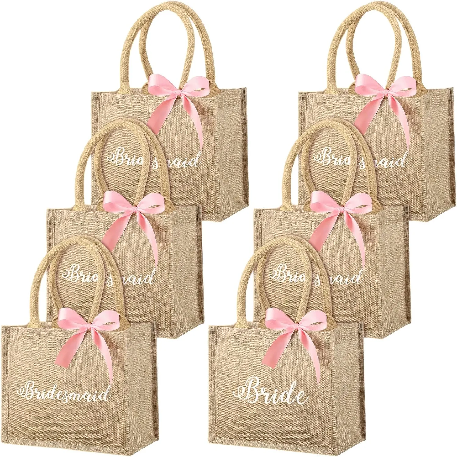 Saintrygo 6 Pack Bridesmaid Tote Bags Bridesmaid Gift Jute Burlap Tote Bags with Handles Bride Pink Ribbons for Wedding (9.84 x 7.87 x 4.92'')