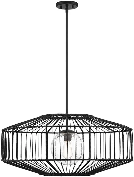 Savoy House 7-1429-1-89 Marcy Bohemian Modern Coastal Clear Seeded Rattan Resin and Glass Pendant, 1-Light 60 Watt, 14" H x 30" W, Matte Black