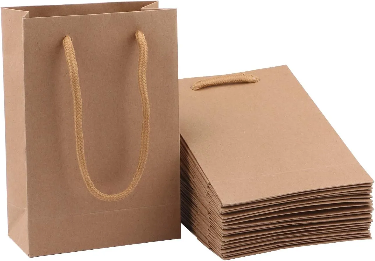 Sdootjewelry Kraft Paper Bags, Bulk Set of 50 Small Brown Gift Bags - Heavy Duty Matte Tote with Handles, 5.1 x 2.4 x 7.5 in