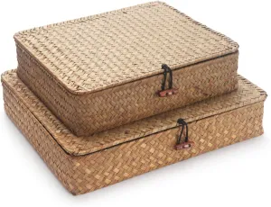 Seagrass Storage Basket Box with Lid Rectangular Woven Shelf Baskets Bins for Organize Snack Toys Set of 2 Natural Decorative(Large Small)